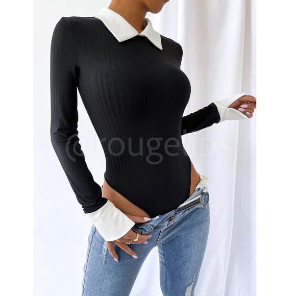 Black Bodysuit White Collar and Cuffs Ribbed Long Sleeve - Picture 6 of 10